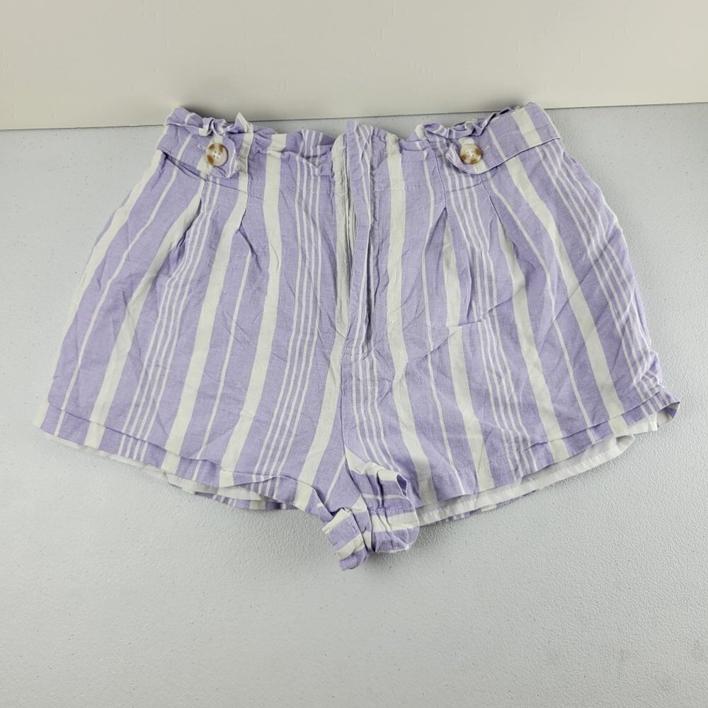 Forever 21 Linen Stripe Pull On Shorts Pleated Stretch High Waist Large Womens